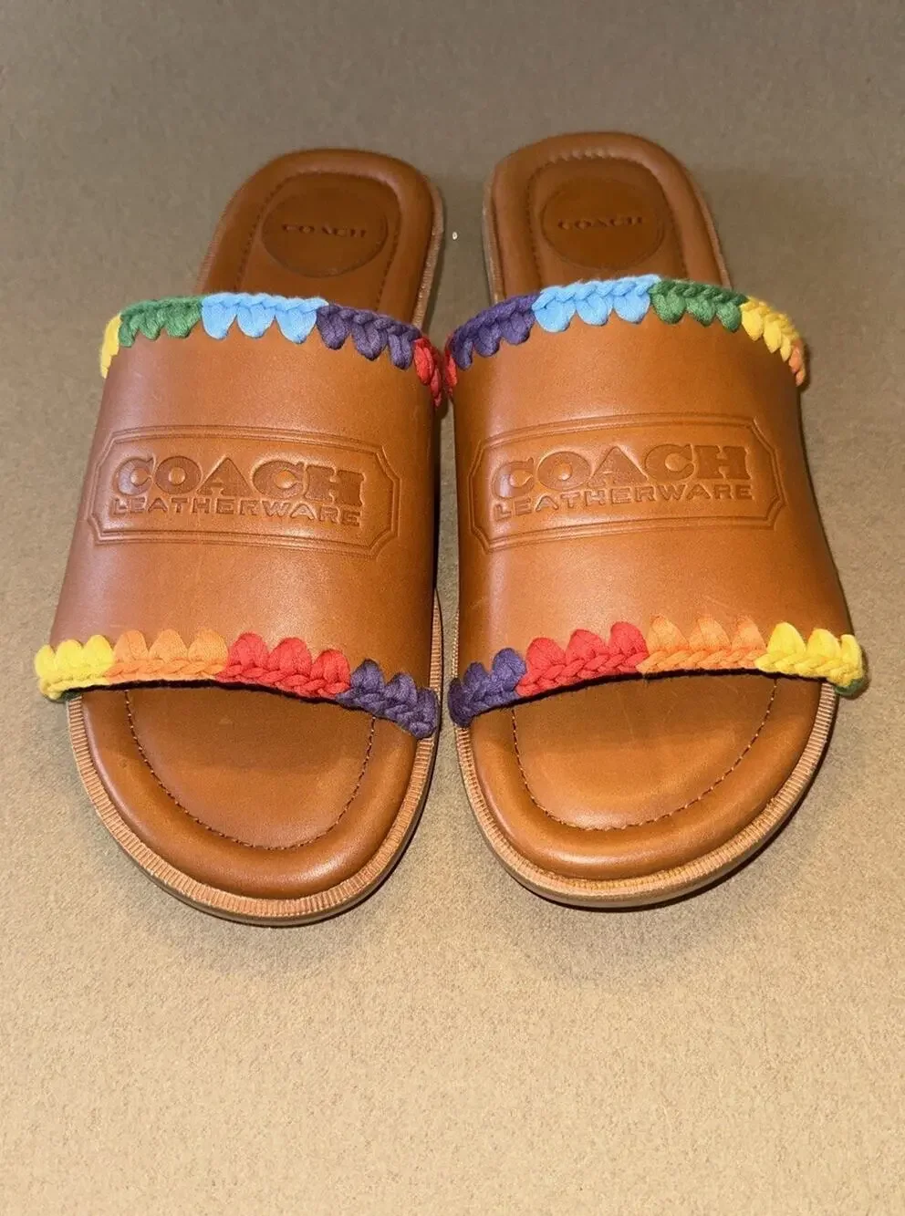 COACH Pride Leather Crochet-Trimmed Slides Size 10
